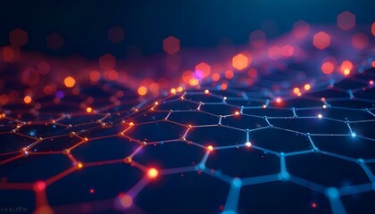 Obraz premium Arte digital abstracto que presenta una red de hexágonos interconectados que forman una estructura similar a una cuadrícula sobre un fondo azul oscuro