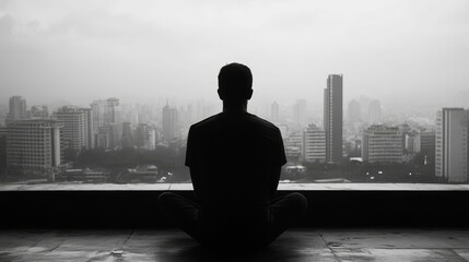 Fototapeta premium Contemplative person overlooking city skyline in monochrome.