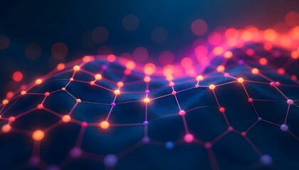 Arte digital abstracto que presenta una red de hex&aacute;gonos interconectados que forman una estructura similar a una cuadr&iacute;cula sobre un fondo azul oscuro