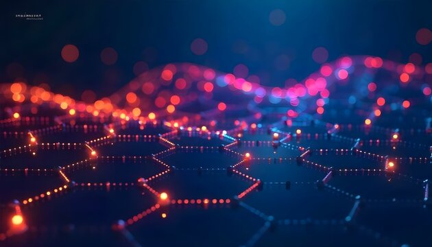 Arte digital abstracto que presenta una red de hex&aacute;gonos interconectados que forman una estructura similar a una cuadr&iacute;cula sobre un fondo azul oscuro