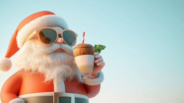 Christmas in July Santa. Santa Claus enjoying a drink in sunglasses against a clear sky.