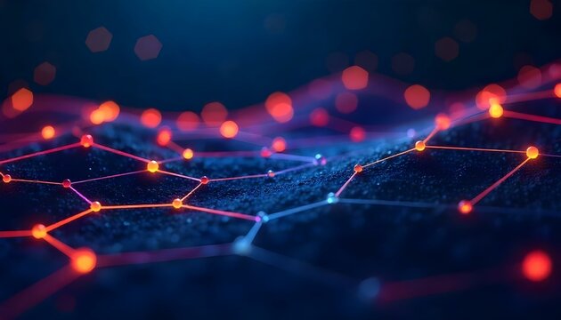 Arte digital abstracto que presenta una red de hex&aacute;gonos interconectados que forman una estructura similar a una cuadr&iacute;cula sobre un fondo azul oscuro