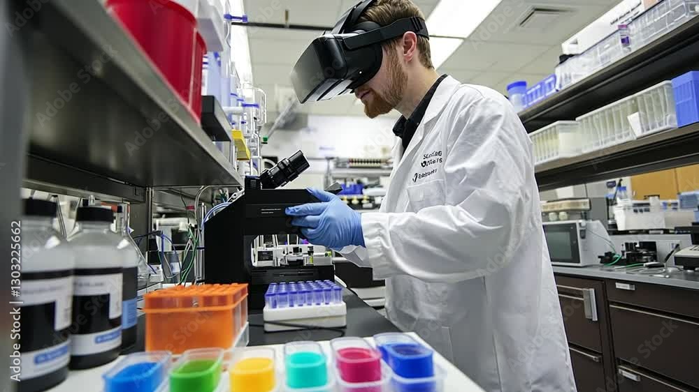 Poster innovative researcher utilizing virtual reality headset in advanced laboratory setting