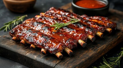 Juicy, grilled ribs glisten under a rich glaze, resting on a rustic board with hints of rosemary. Accompanied by a small bowl of zesty sauce, this dish promises a delightful feast