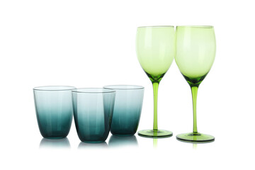 Many empty clean glasses isolated on white