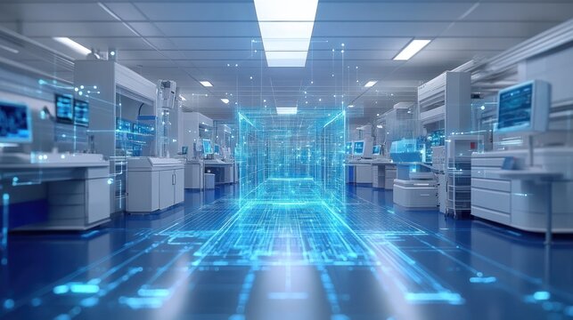 Futuristic digital lab interior with glowing data streams.