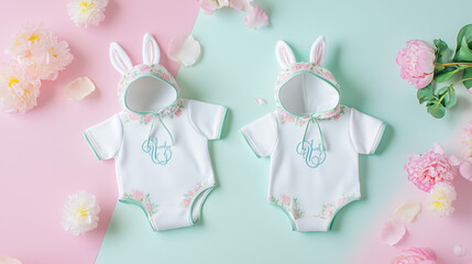 Cute baby girl in pastel pink and blue baby clothes, wearing a baby romper and headband, for newborn photography, baby milestone, baby shower gift, and infant clothing ideas.