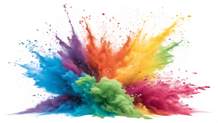 A red, pink, purple, blue, and orange explosion smoke of holi paint color powder isolated on transparent or white background