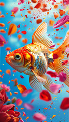 Fototapeta premium Holi Festival of Colours Animal Concept, Spring Holi bloom, Goldfish nestled amidst colourful flower petals and splashes of vibrant powder blue skies and drifting festive colours, Indian Hinduism