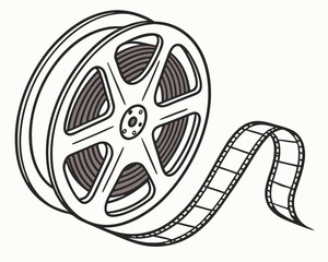A classic film reel with a strip of film unwinding