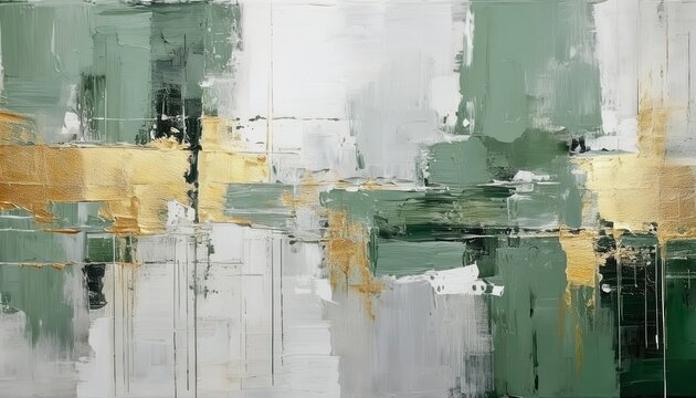 modern abstract oil painting with textured gold accents on green and white background, luxury wall art for elegant interiors

