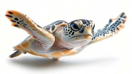Fototapeta premium Charming Sea Turtle in Graceful Motion Underwater Against a Light Background