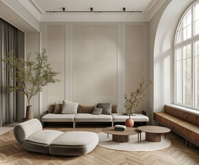 Aesthetic elegant minimalist modern interior design. Clear mock up empty wall for decoration in the apartment. Copy space in the room