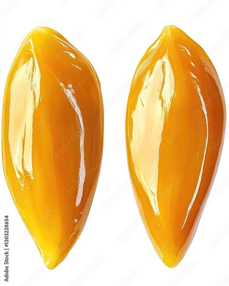 Poster close-up of two glossy, yellow mango slices arranged symmetrically on a white background