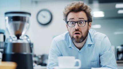 Surprised Man Experiencing Coffee Mishap in Modern Office Setting