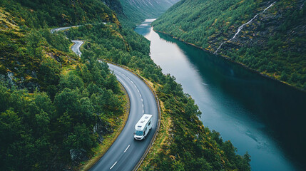 Fototapeta premium Scenic campervan road trip along a fjord with lush green mountains view drone nature travel summer