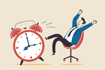 Afternoon slump, laziness and procrastination postpone work to do later, boredom and sleepy work concept, businessman sleeping lay down on office chair and alarm clock covered his face with book.