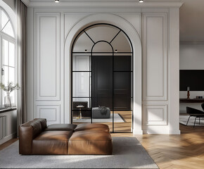 Aesthetic elegant minimalist modern interior design. Clear mock up empty wall for decoration in the apartment. Copy space in the room