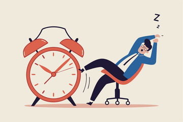 Afternoon slump, laziness and procrastination postpone work to do later, boredom and sleepy work concept, businessman sleeping lay down on office chair and alarm clock covered his face with book.