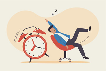 Afternoon slump, laziness and procrastination postpone work to do later, boredom and sleepy work concept, businessman sleeping lay down on office chair and alarm clock covered his face with book.