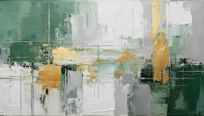 modern abstract oil painting with textured gold accents on green and white background, luxury wall art for elegant interiors

