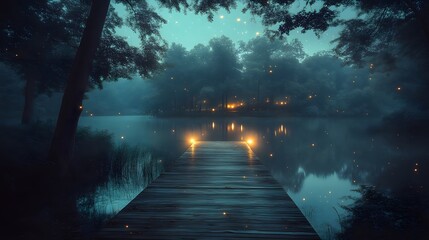 Misty lake dock at night, enchanted forest