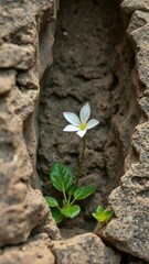 A delicate flower blooms in the crevices of an ancient rock, crevice, plant