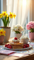 Mother's Day Breakfast Tray with Pancakes, Berries, and Handmade Cards - Perfect for Holiday Marketing Campaigns and Greeting Card Designs