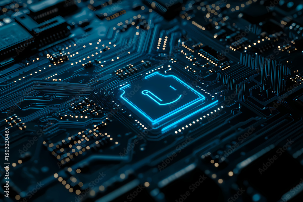 Poster tech circuit brilliance: a detailed shot of a motherboard showcasing digital components, illuminatin