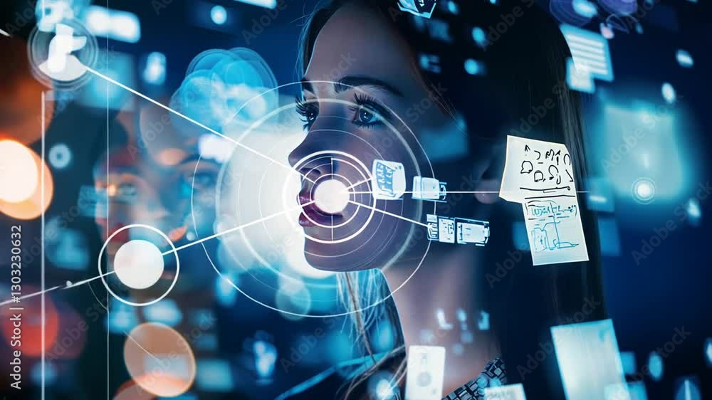 Poster futuristic interface: woman engaged with augmented reality and data visualization