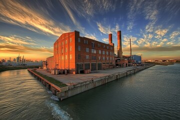 Fototapeta premium Panoramic View of a Large Meat Packing Facility in Kansas with Urban Skyline and Reflective Water