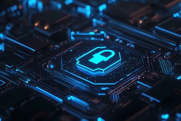Digital Fortress: Illuminated circuits and a glowing lock symbol represent security in the digital realm. 