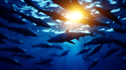 Fototapeta premium Ocean Sharks Schooling Under Sunlight
