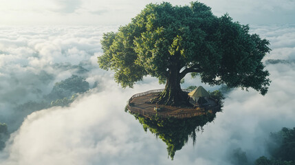 Serene treetop platform above cloudscape peaceful camping scene tranquil nature escape dreamy fantasy