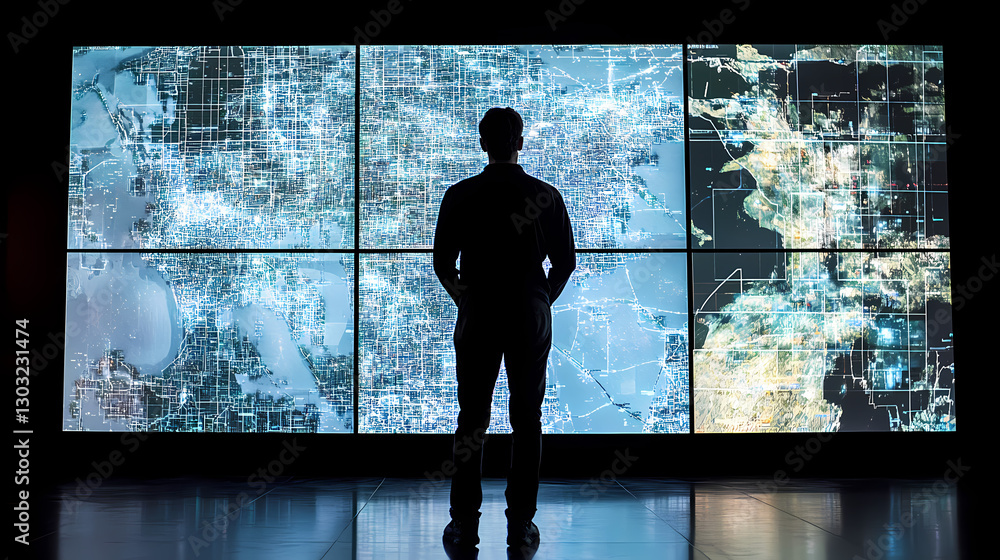 Poster contemplation of the digital world: a silhouette of a person stands before a wall of screens display
