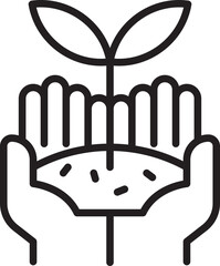 Hands nurturing a small plant sprout. line icon