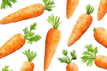 A seamless hand-painted watercolor pattern featuring vibrant orange carrots with lush green tops on a crisp white background.  