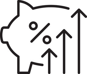 Piggy bank with growth arrows and percentages line icon