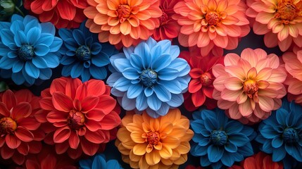 Obraz premium colorful red blue and orange dahlia flowers background floral pattern close up