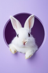 Obraz premium This adorable close-up photograph captures a fluffy white rabbit playfully peeking through a circular cutout in a lavender background. 
