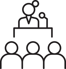 Speaker at podium with audience members line icon