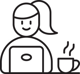 Working woman with laptop and coffee cup line icon