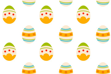 A seamless pattern with cute Easter egg with colorful shells on a white background. Perfect for festive decorations, packaging, and children's textiles.
