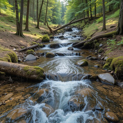 Fototapeta premium Tranquil stream flowing through a lush forest with rocks and moss-covered logs