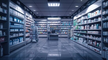 Fototapeta premium Modern pharmacy interior with shelves stocked with medicine and healthcare products. (1)
