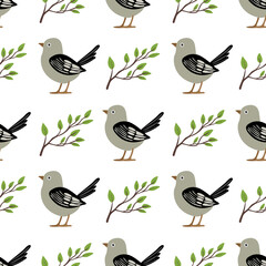 Seamless vector pattern featuring hand-drawn birds and leafy branches on a white background
