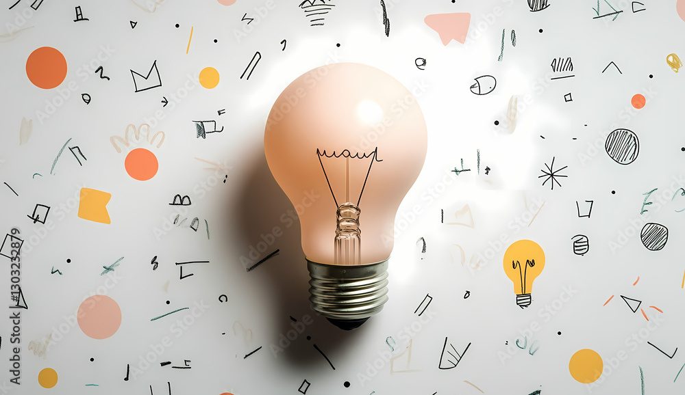 Aufkleber illuminating insight: a single glowing light bulb sits center stage, surrounded by an array of hand-
