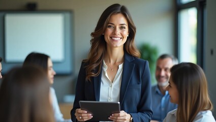 Obraz premium Smiling confident business leader looking at camera and standing in an office at team meeting. Portrait of confident businesswoman with colleagues in boardroom. Using digital tablet during a meeting.