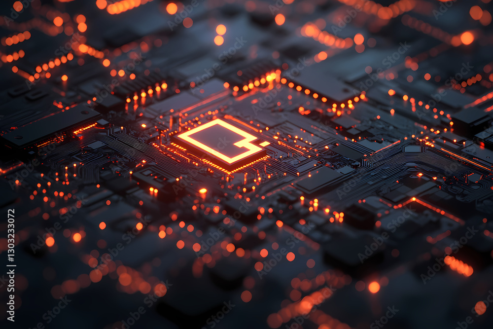Poster electric symphony: a mesmerizing view of a computer circuit board aglow with vibrant orange light, t