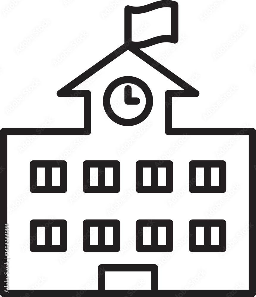 Poster school building with clock and flag line icon